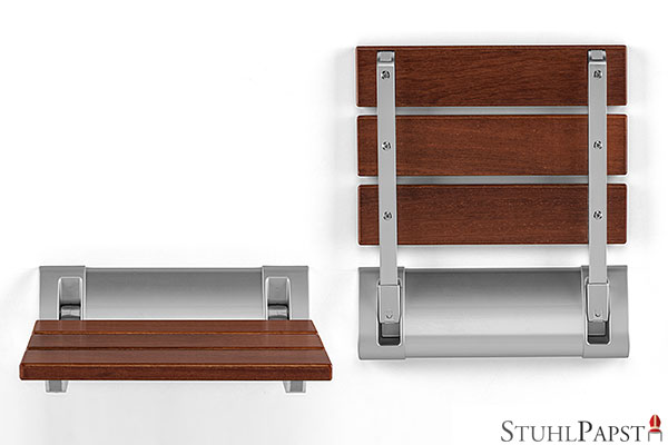 Klappbarer Wandsitz STANDARD aus Holz von Stuhlpapst, wandmontiert und platzsparend eingeklappt.